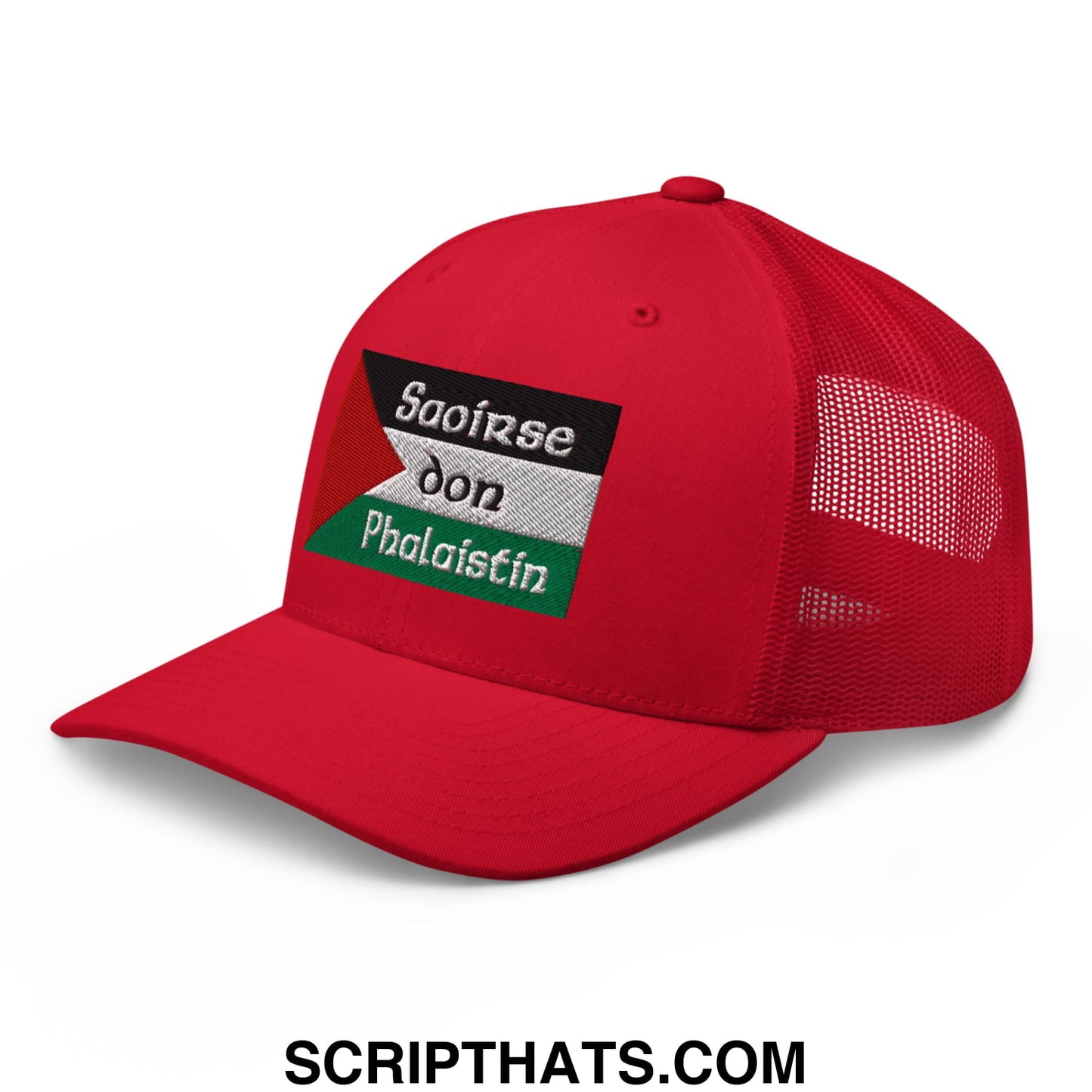 Red mesh trucker hat with black white and green embroidered patch featuring saoirse don phalaistin text in Gaelic