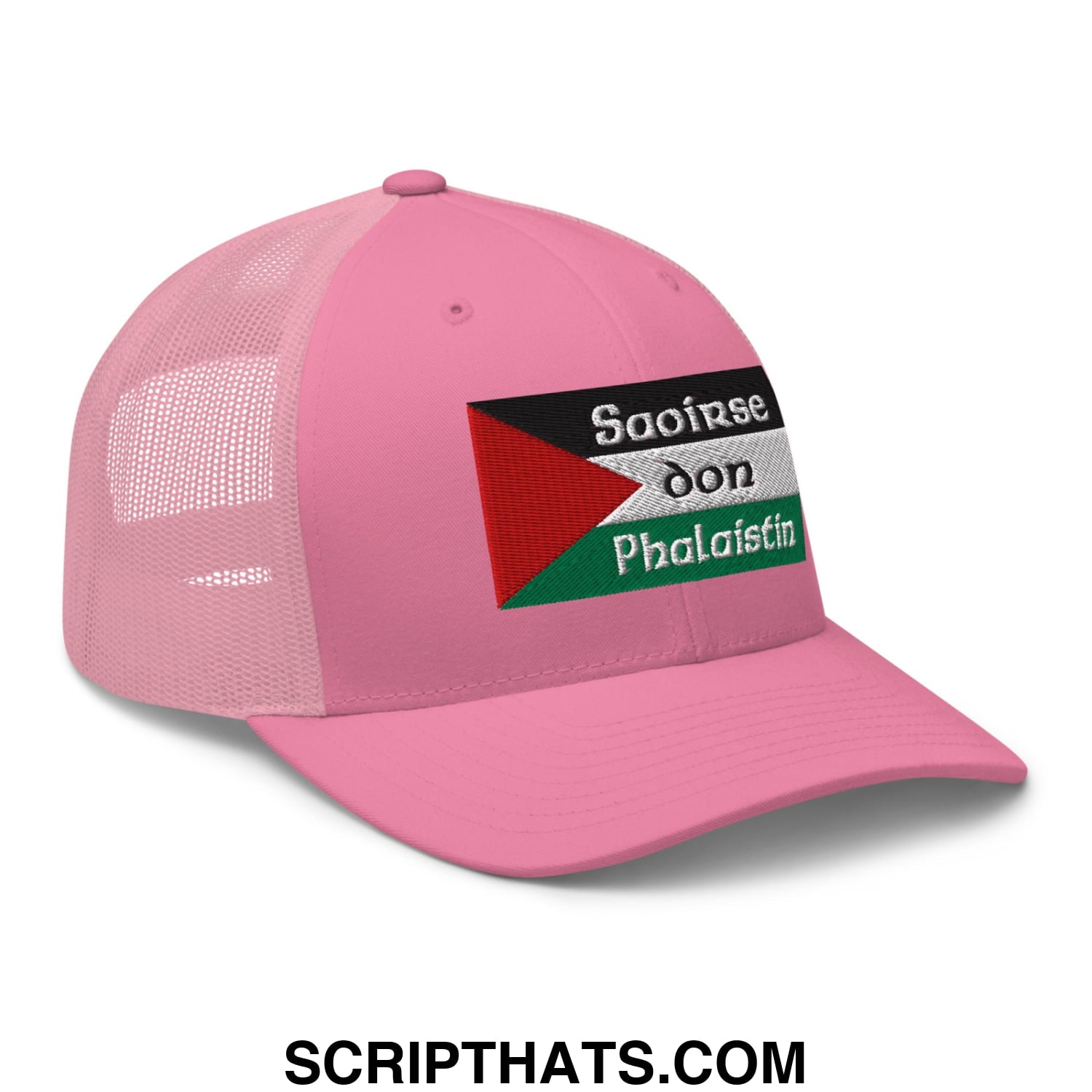 Pink mesh trucker hat with embroidered palestinian flag patch and white saoirse don phalaistin lettering