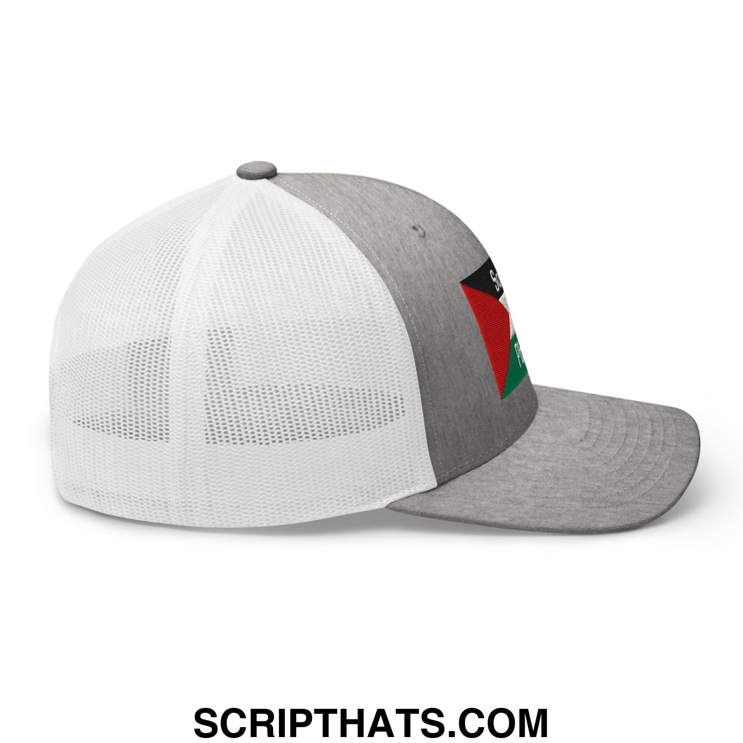Gray and white mesh trucker hat with palestinian flag patch on side embroidered for saoirse don phalaistin