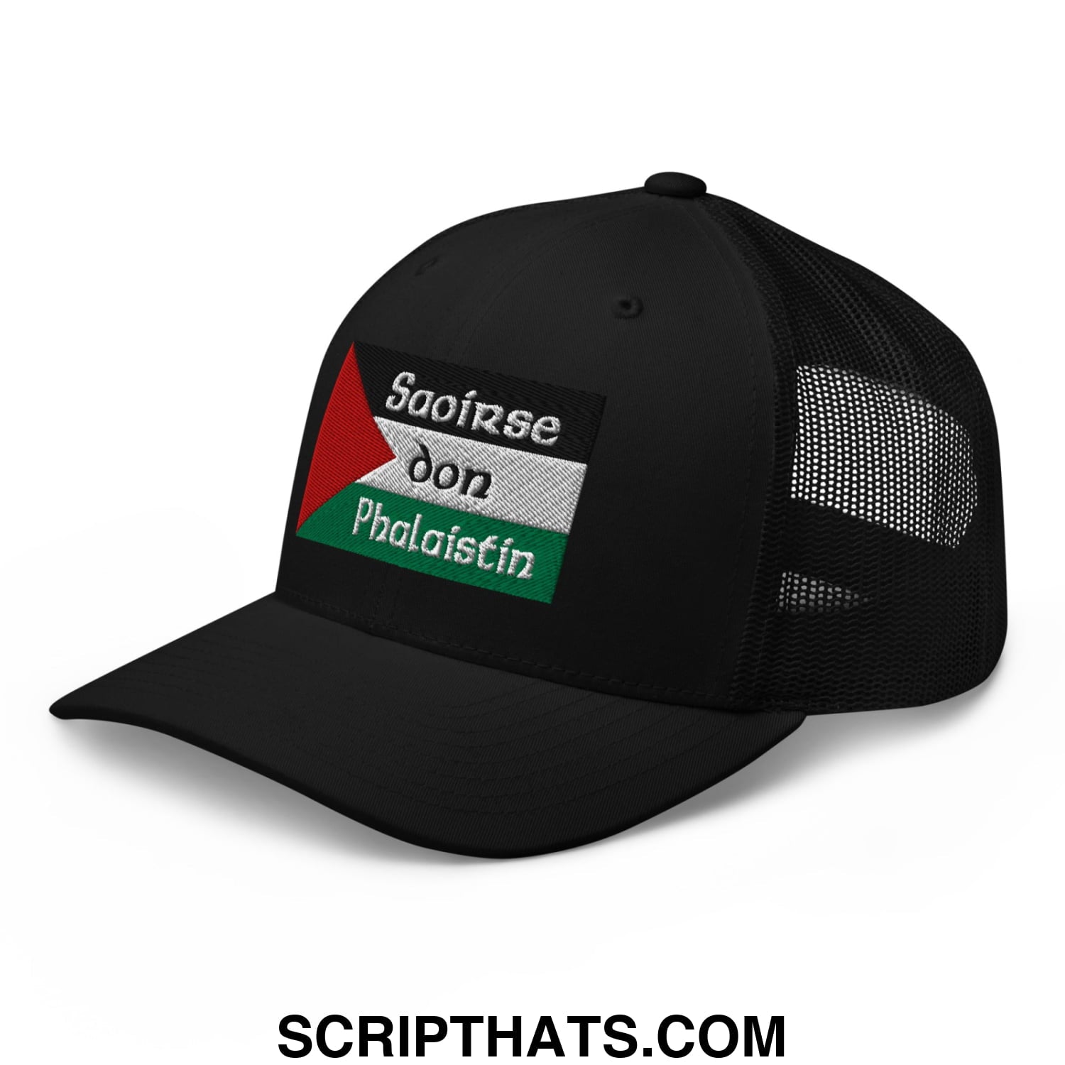 Black mesh trucker hat with palestinian flag patch and white embroidered saoirse don phalaistin text front view