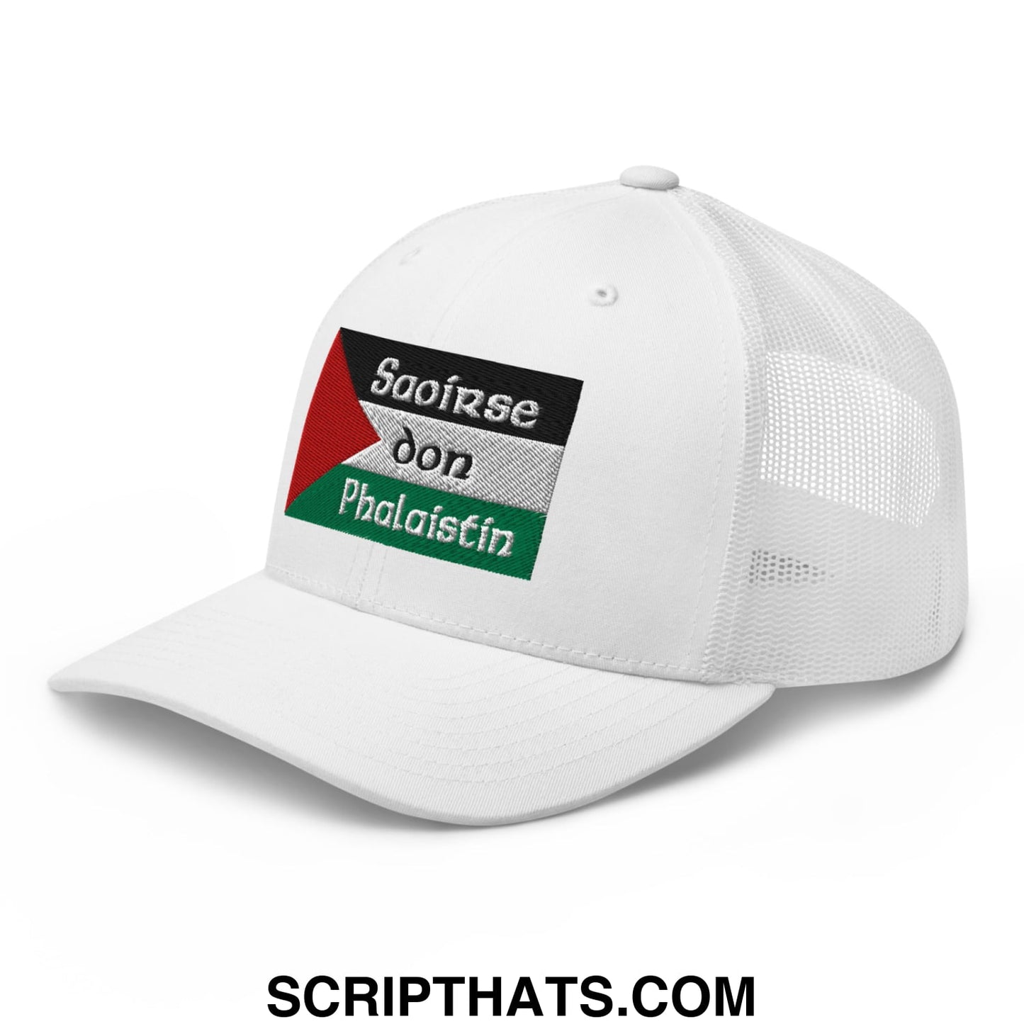 White embroidered mesh trucker hat with palestinian flag patch and irish gaelic text titled saoirse don phalaistin