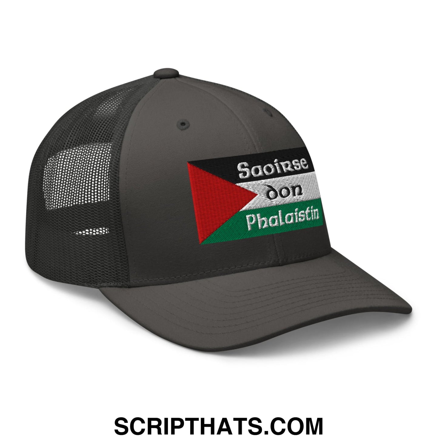 Dark gray mesh trucker hat featuring embroidered palestinian flag and white saoirse don phalaistin text
