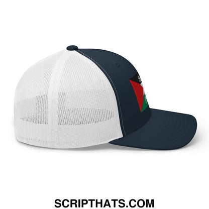 Navy blue and white mesh trucker hat with red black and green palestinian flag patch embroidered on the side
