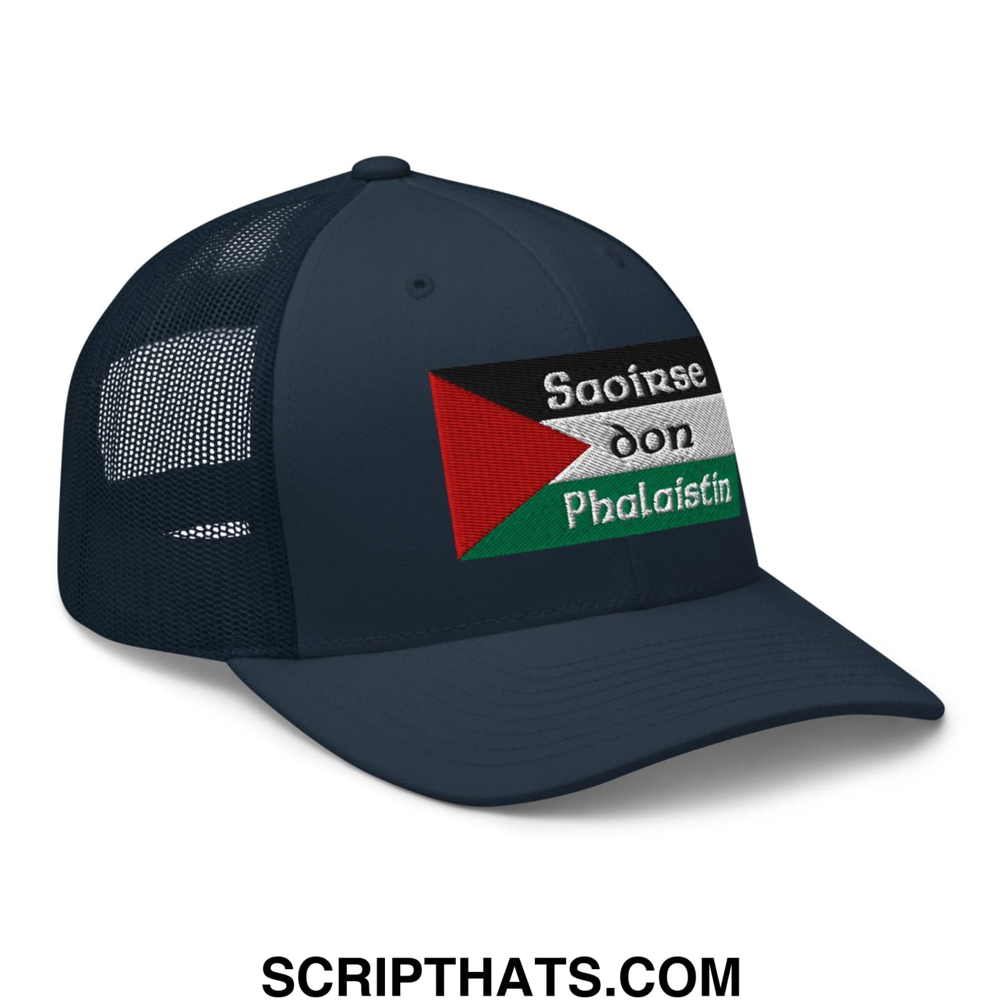 Dark navy mesh trucker hat with embroidered palestinian flag and white embroidered text saoirse don phalaistin