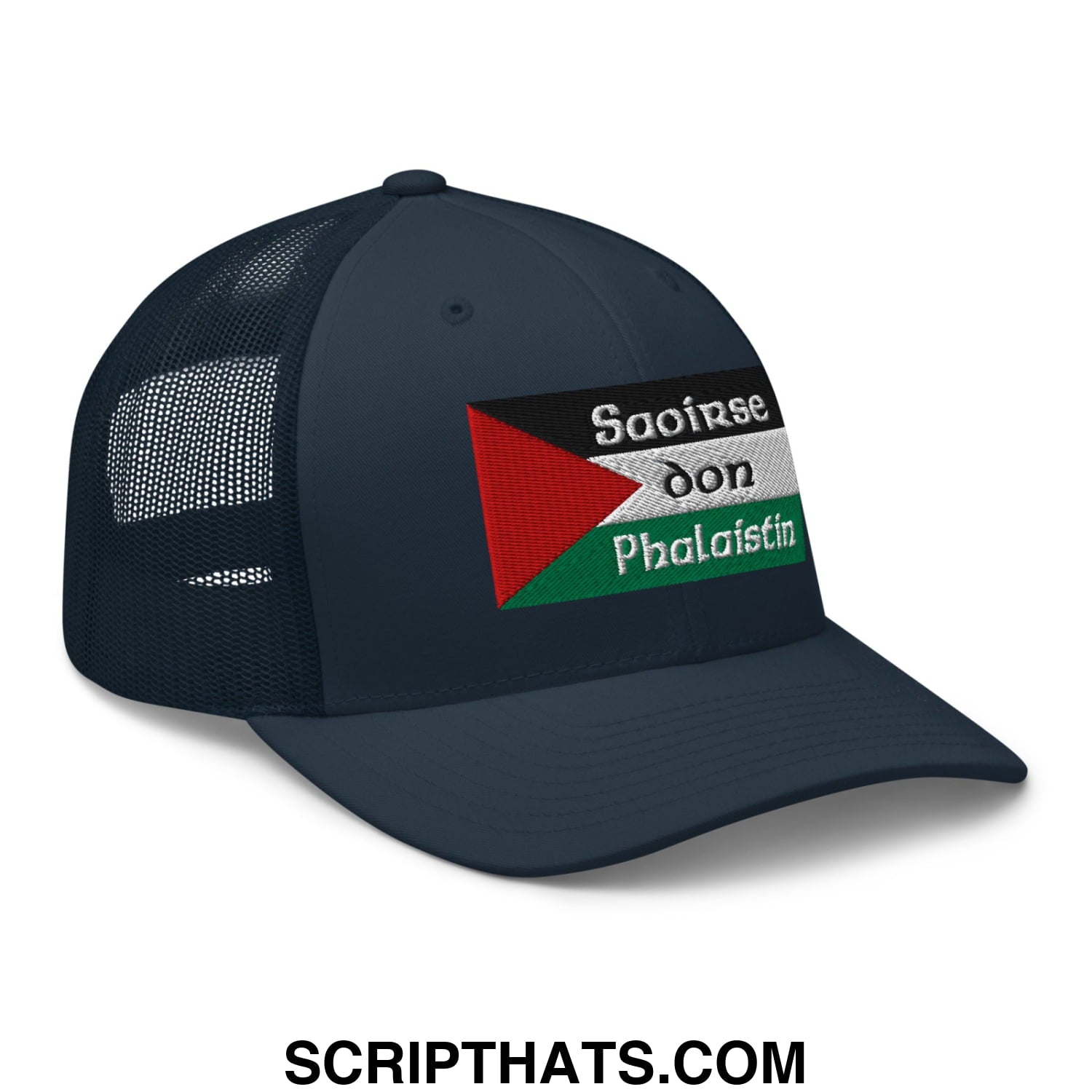 Dark navy mesh trucker hat with embroidered palestinian flag and white embroidered text saoirse don phalaistin