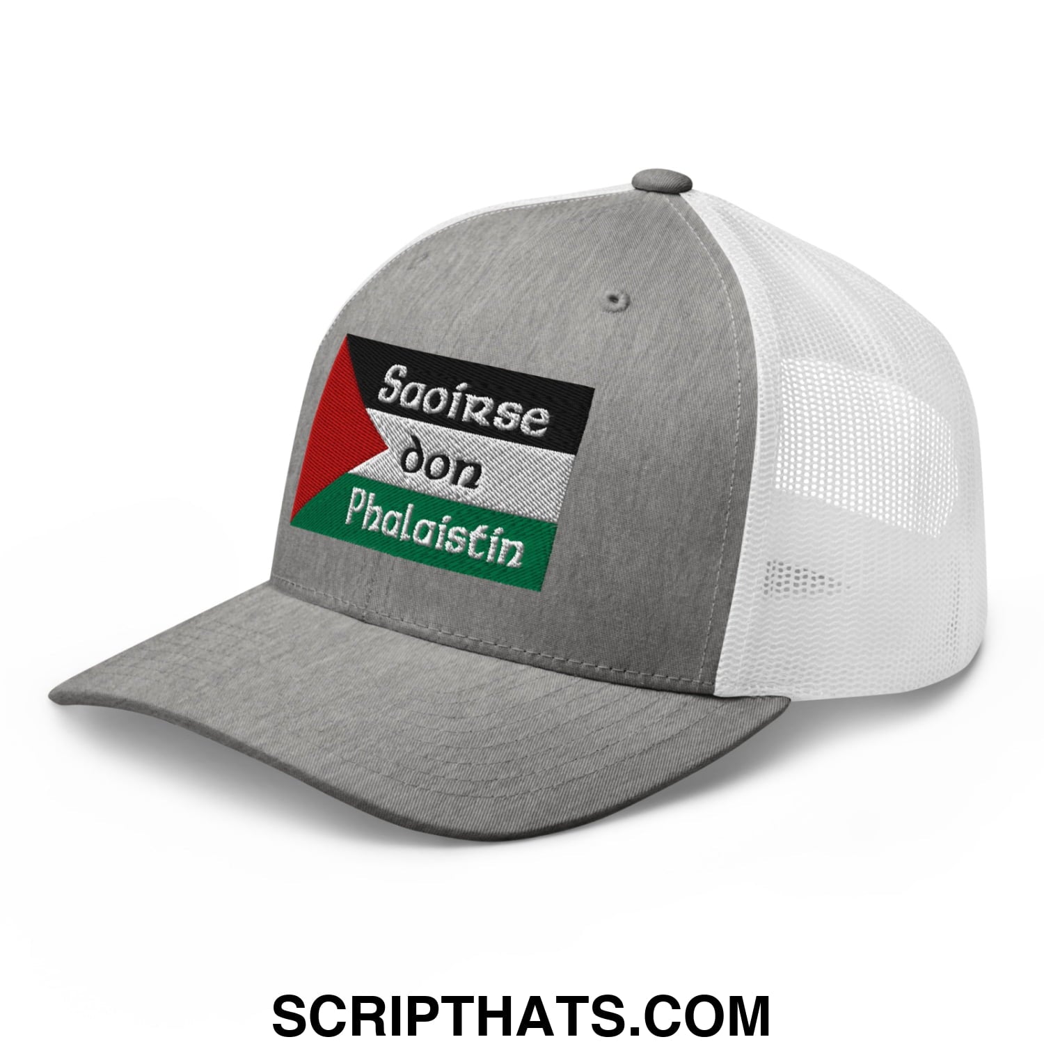 Gray and white mesh trucker hat with embroidered palestinian flag patch and irish gaelic text titled saoirse don phalaistin