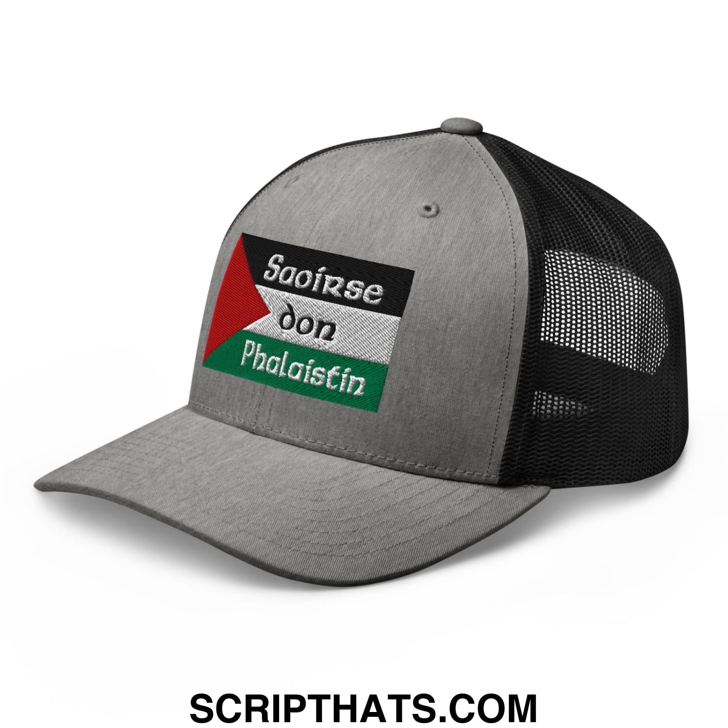 Gray and black mesh trucker hat embroidered with palestinian flag and white saoirse don phalaistin text