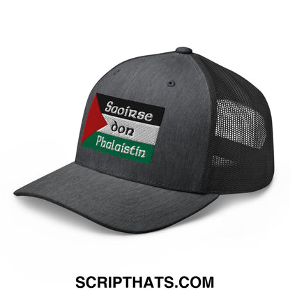 Dark gray mesh trucker hat with front patch featuring palestinian flag and irish gaelic text embroidered design