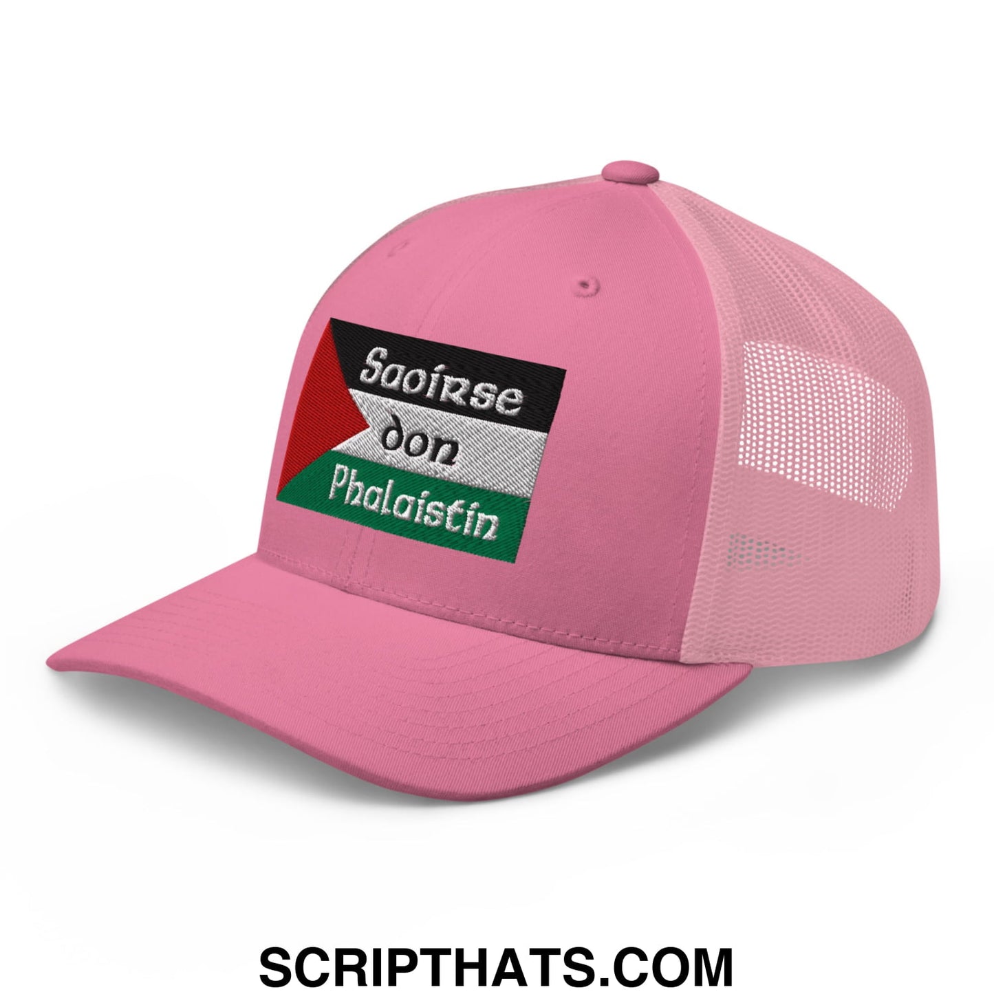Pink mesh trucker hat with embroidered black white and green Palestinian flag patch by Saoirse don Phalaistin