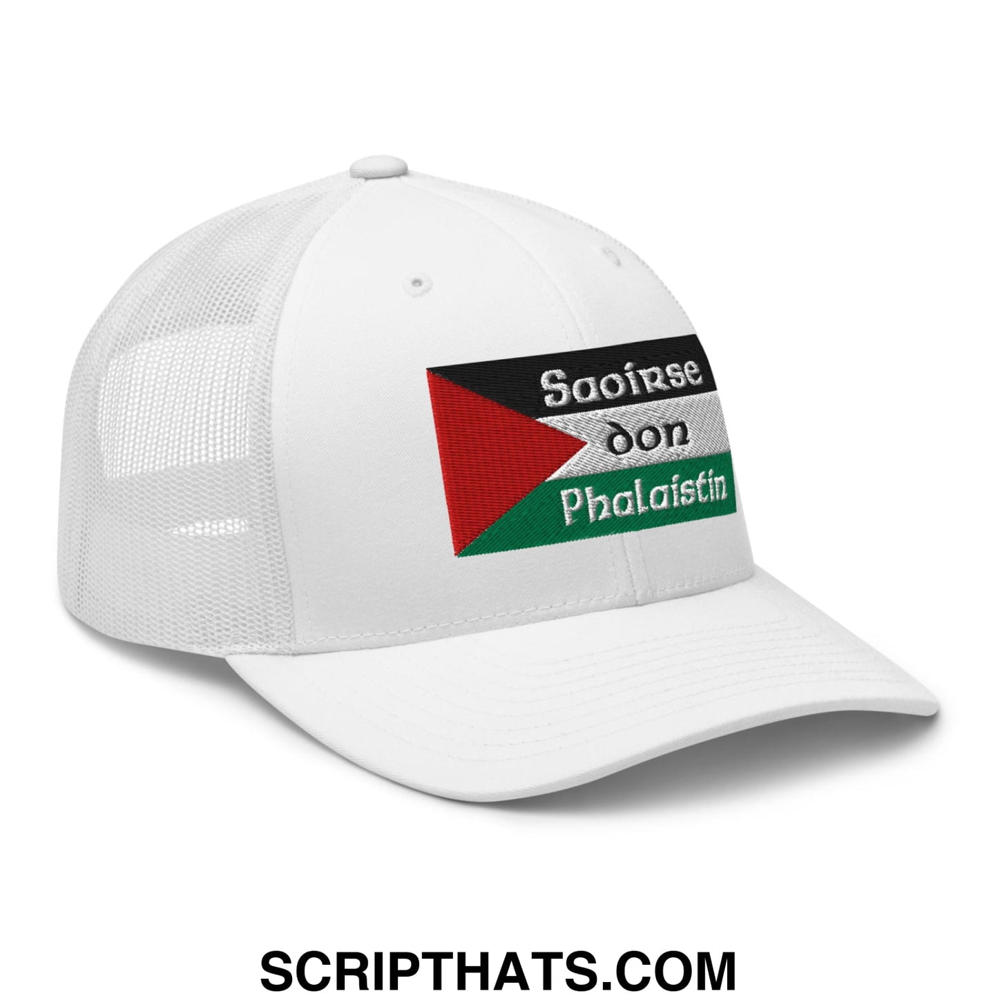 White mesh trucker hat with embroidered palestinian flag and black and white saoirse don phalaistin text