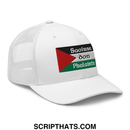 White mesh trucker hat with embroidered palestinian flag and black and white saoirse don phalaistin text