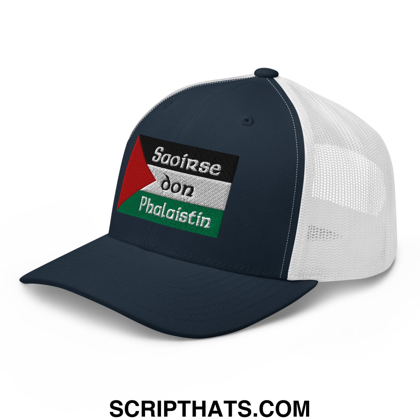 Dark navy trucker hat with white mesh back and embroidered palestinian flag patch from saoirse don phalaistin
