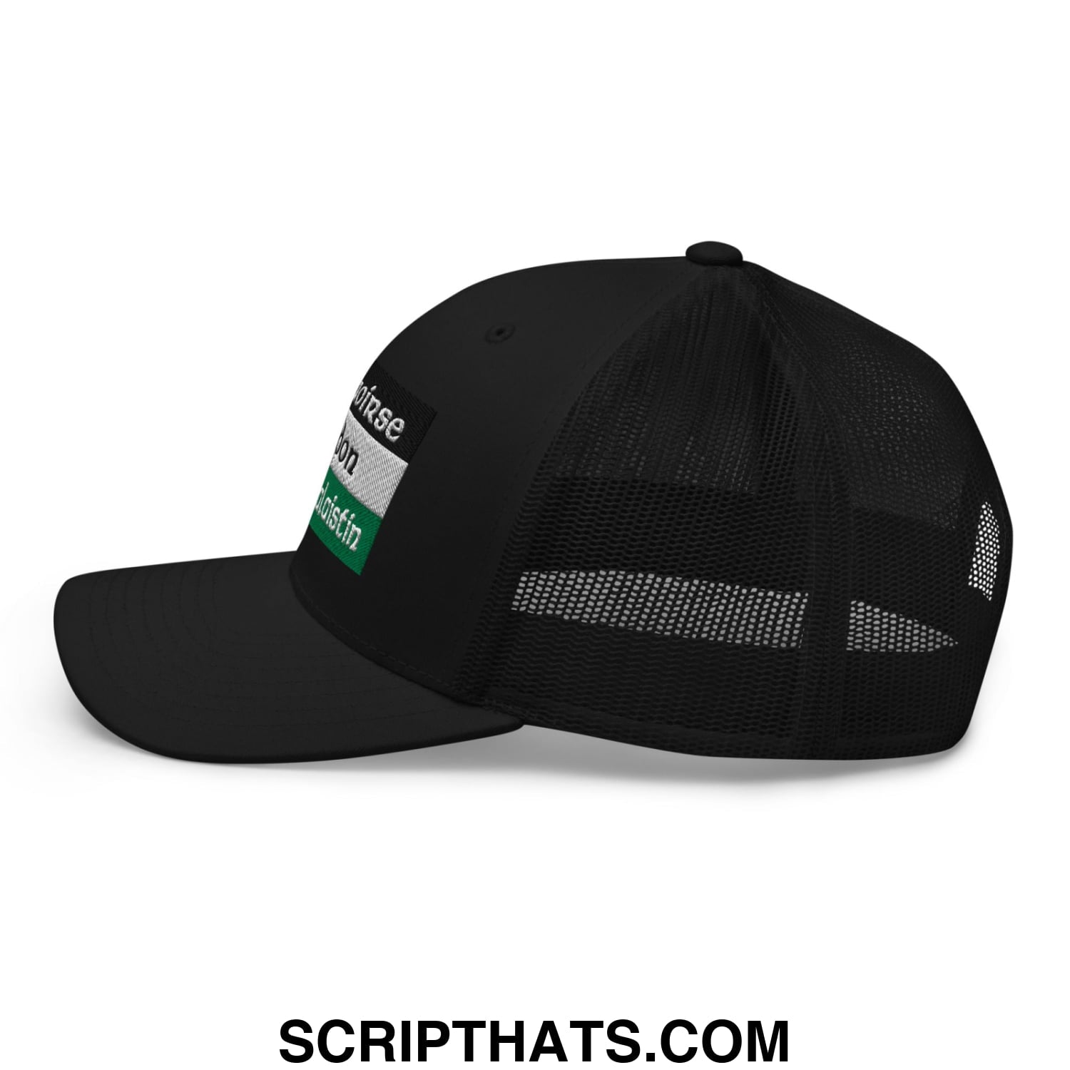 Black Saoirse don Phalaistin trucker hat with mesh back and embroidered patch with white text on green and gray stripes