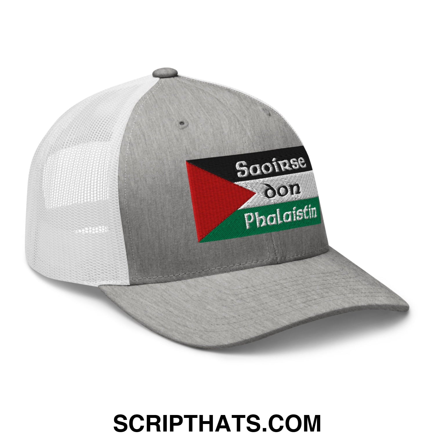 Gray and white mesh trucker hat with embroidered palestinian flag and black white green saoirse don phalaistin text