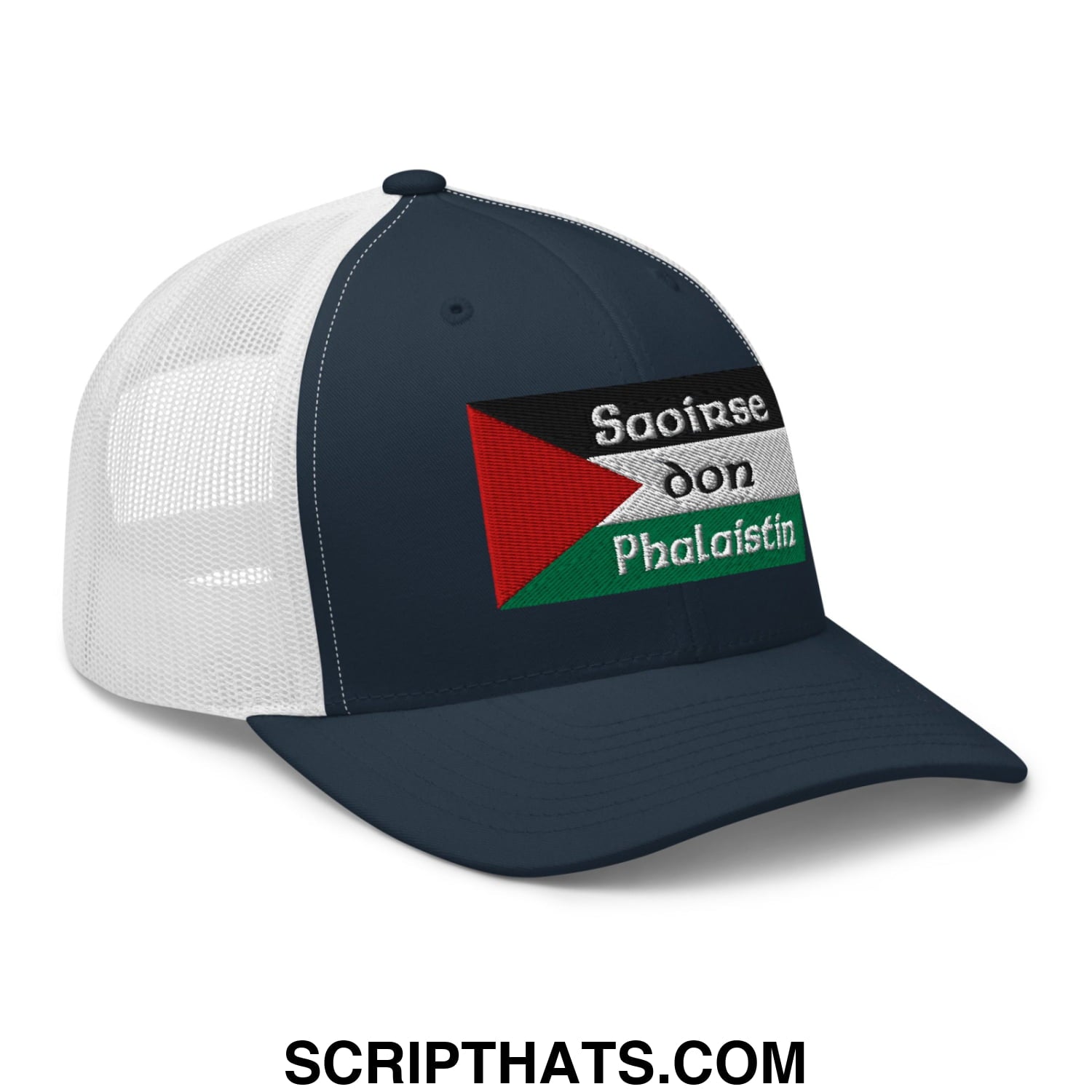 Dark blue and white mesh trucker hat with embroidered palestinian flag and saoirse don phalaistin text in black silver and green