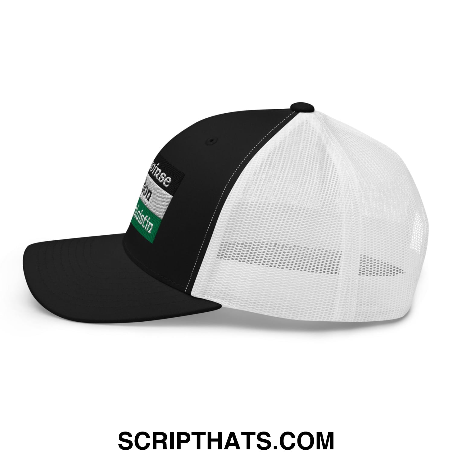 Black and white mesh trucker hat with green and gray embroidered Saoirse don Phalaistin patch on the front