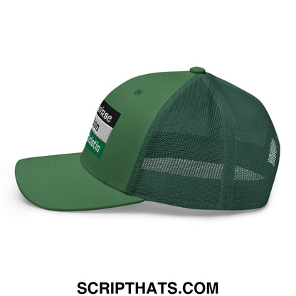 Green trucker mesh hat with solid front panel and black and white patch on side named saoirse don phalaistin