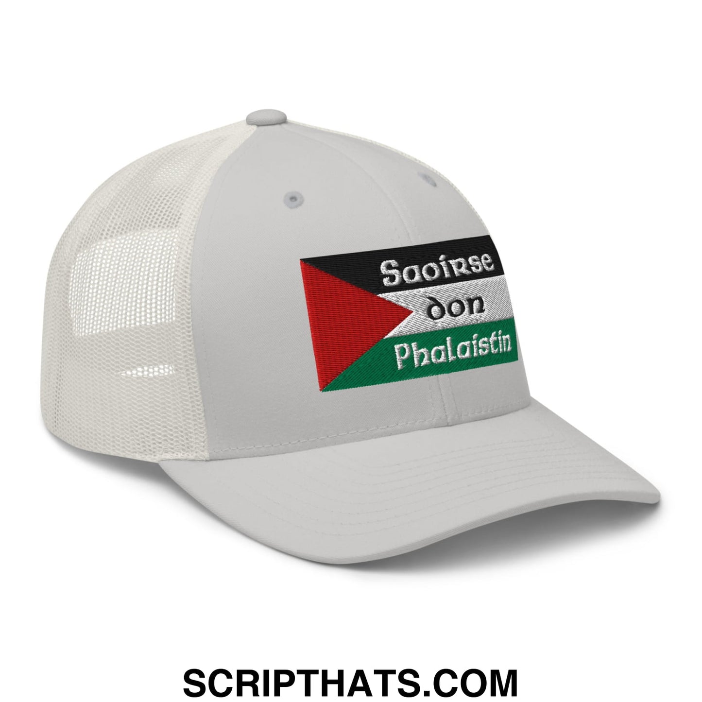 White mesh trucker hat with embroidered Palestinian flag patch and black and white Saoirse don Phalaistin text