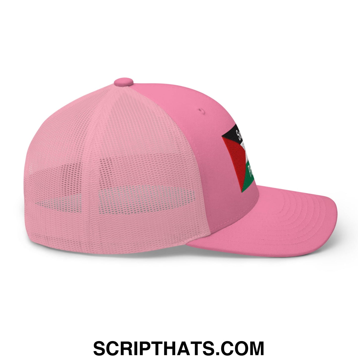 Pink mesh trucker hat with palestinian flag patch on side embroidered saoirse don phalaistin design