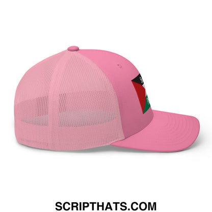 Pink mesh trucker hat with palestinian flag patch on side embroidered saoirse don phalaistin design