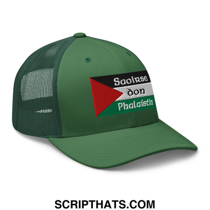 Green Saoirse don Phalaistin embroidered mesh trucker hat with palestinian flag and white lettering on front