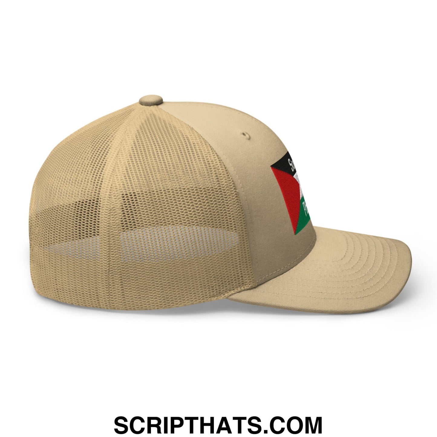 Beige Saoirse don Phalaistin embroidered mesh trucker hat with adjustable strap and Palestinian flag patch on the side