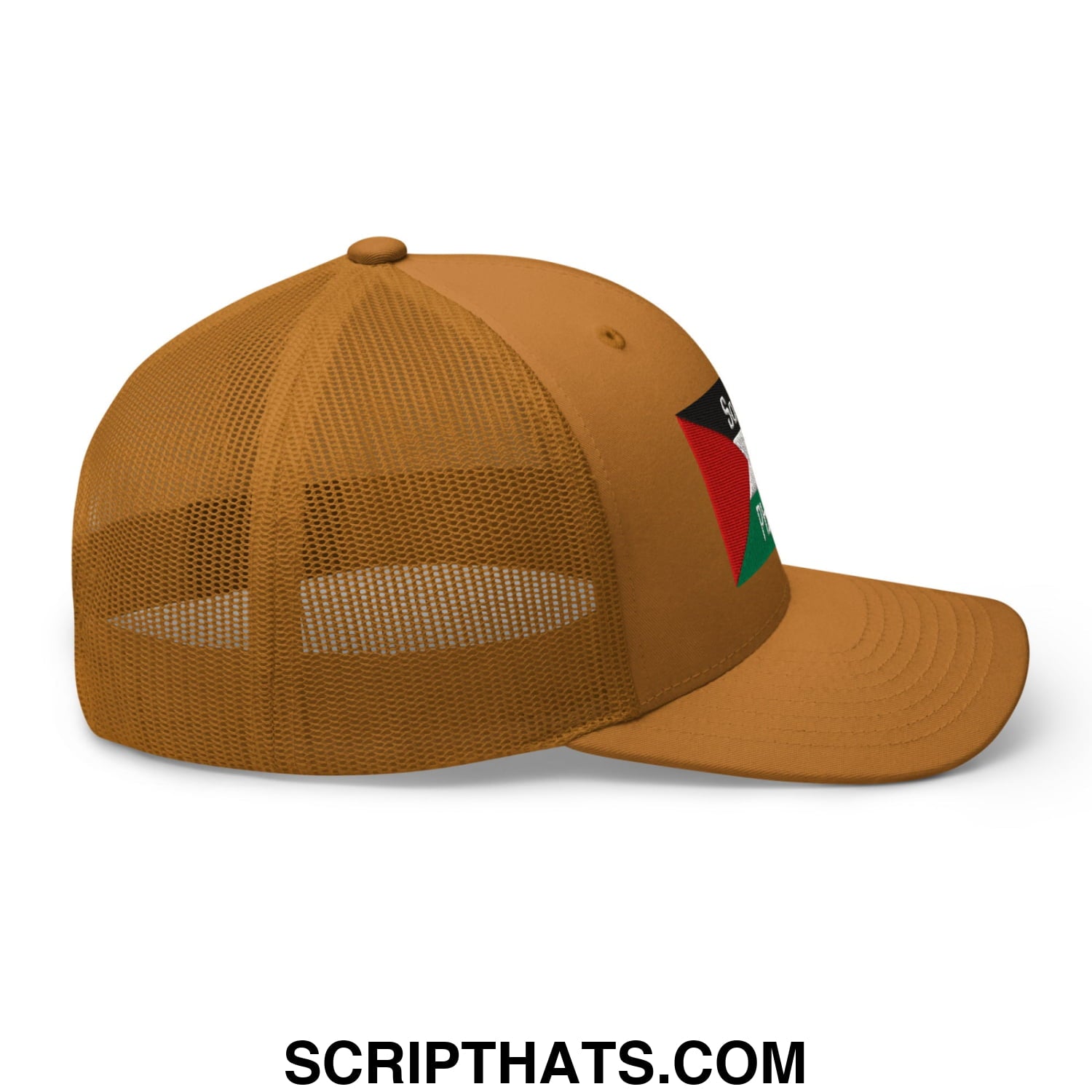 Tan mesh trucker hat with embroidered palestinian flag patch on the side from saoirse don phalaistin collection
