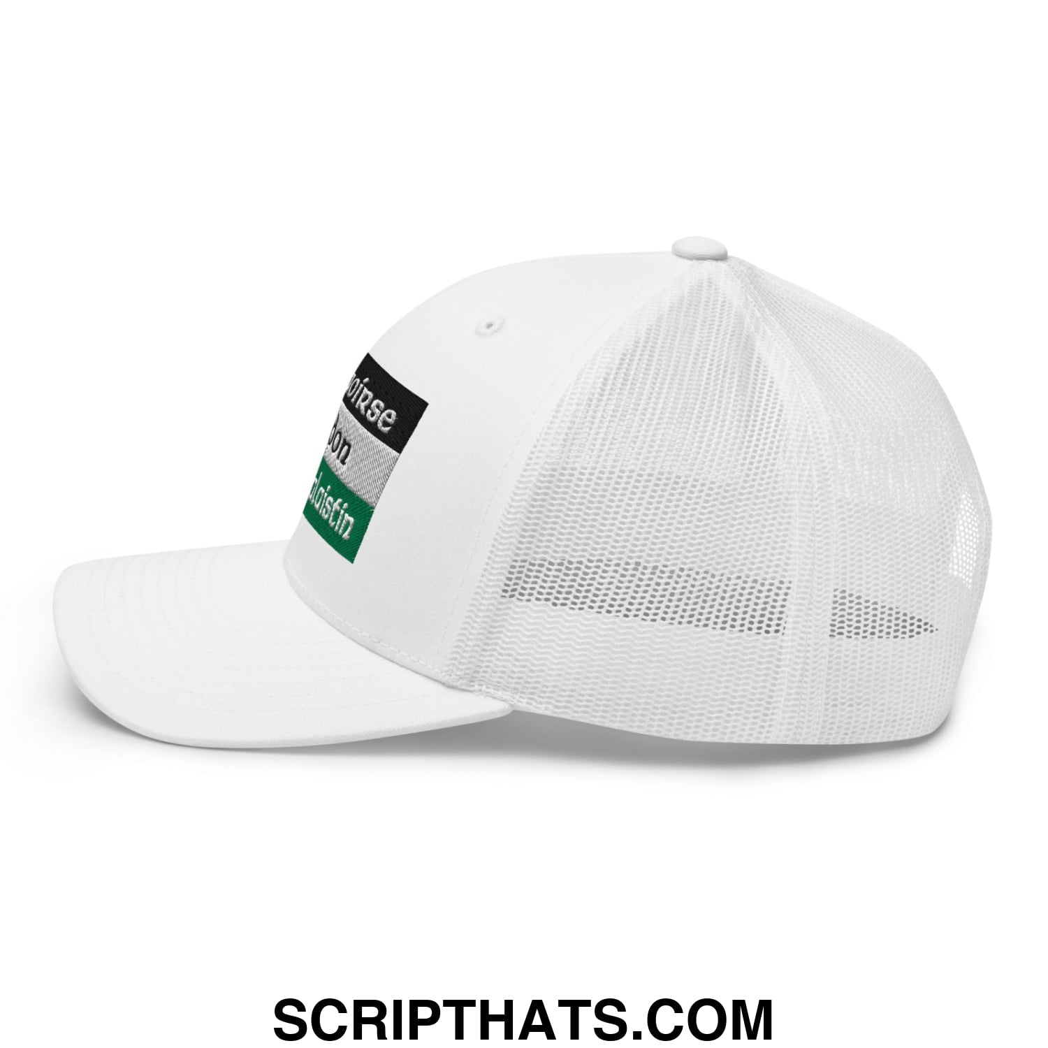 White Saoirse don Phalaistin embroidered mesh trucker hat with black green rectangular patch and adjustable strap shown from back