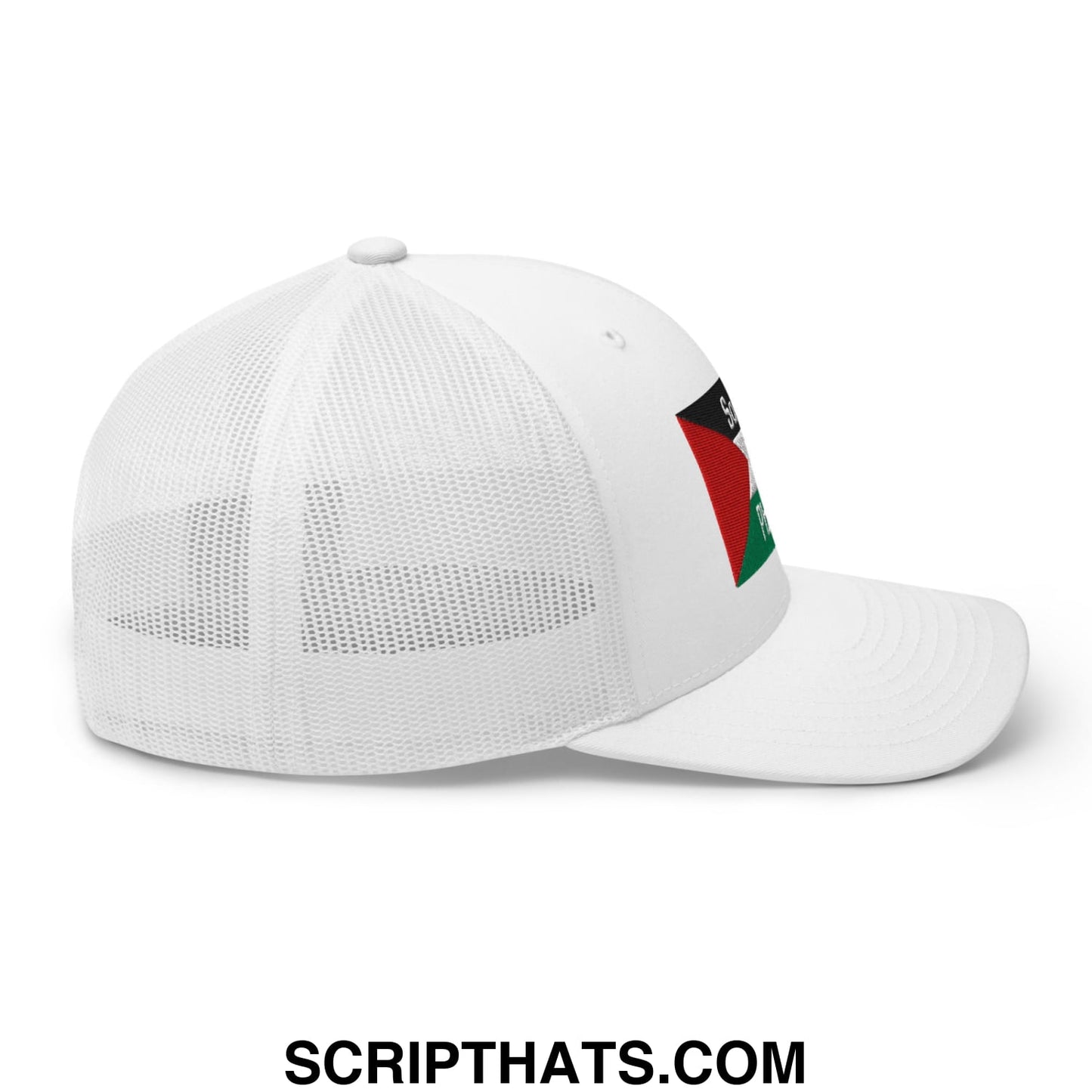 White trucker hat with mesh back and embroidered palestinian flag patch on side in Saoirse don Phalaistin style
