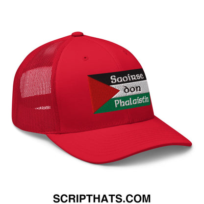 Red mesh trucker hat with embroidered palestinian flag and white saoirse don phalaistin text design