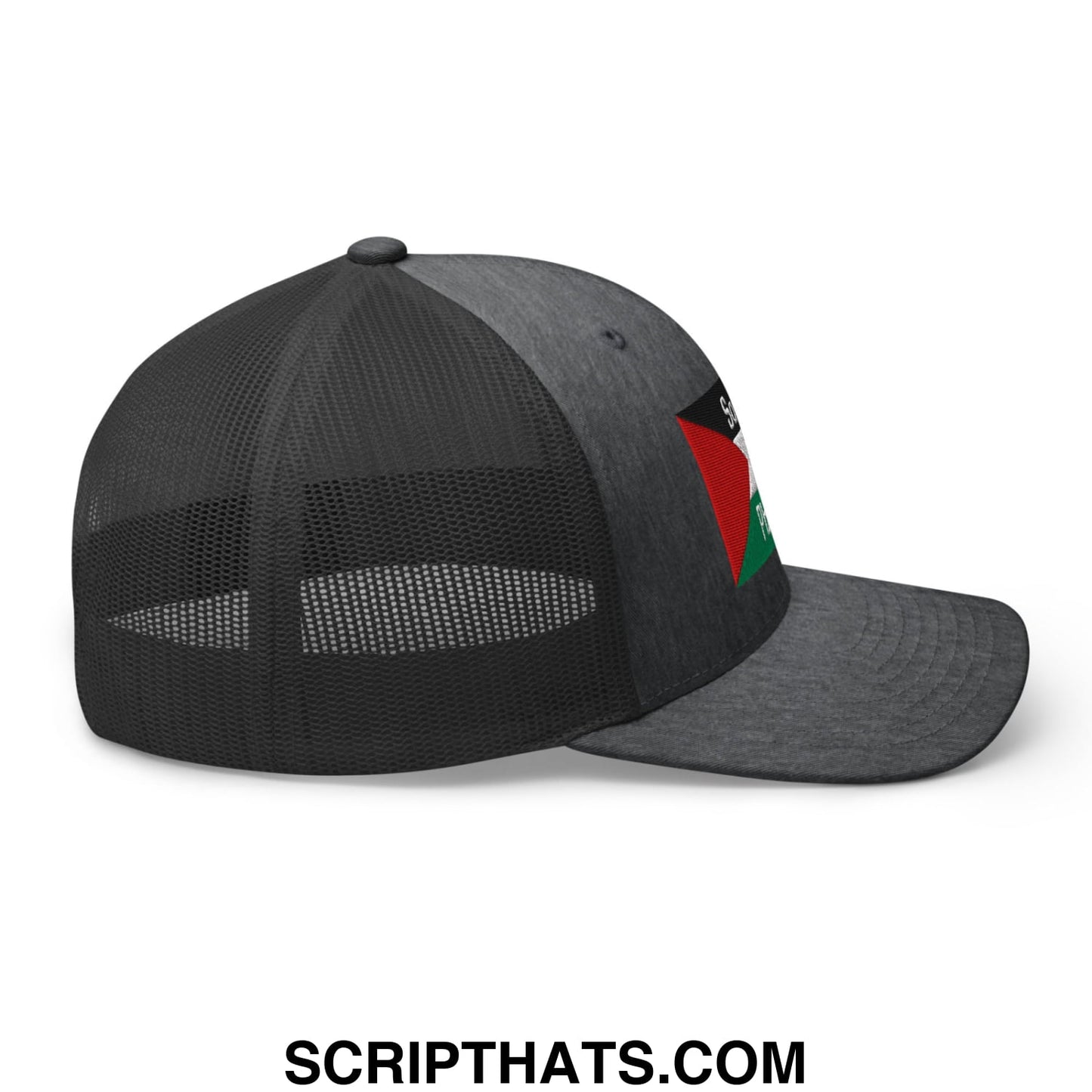 Black trucker hat with mesh back and embroidered palestinian flag patch on the side from saoirse don phalaistin