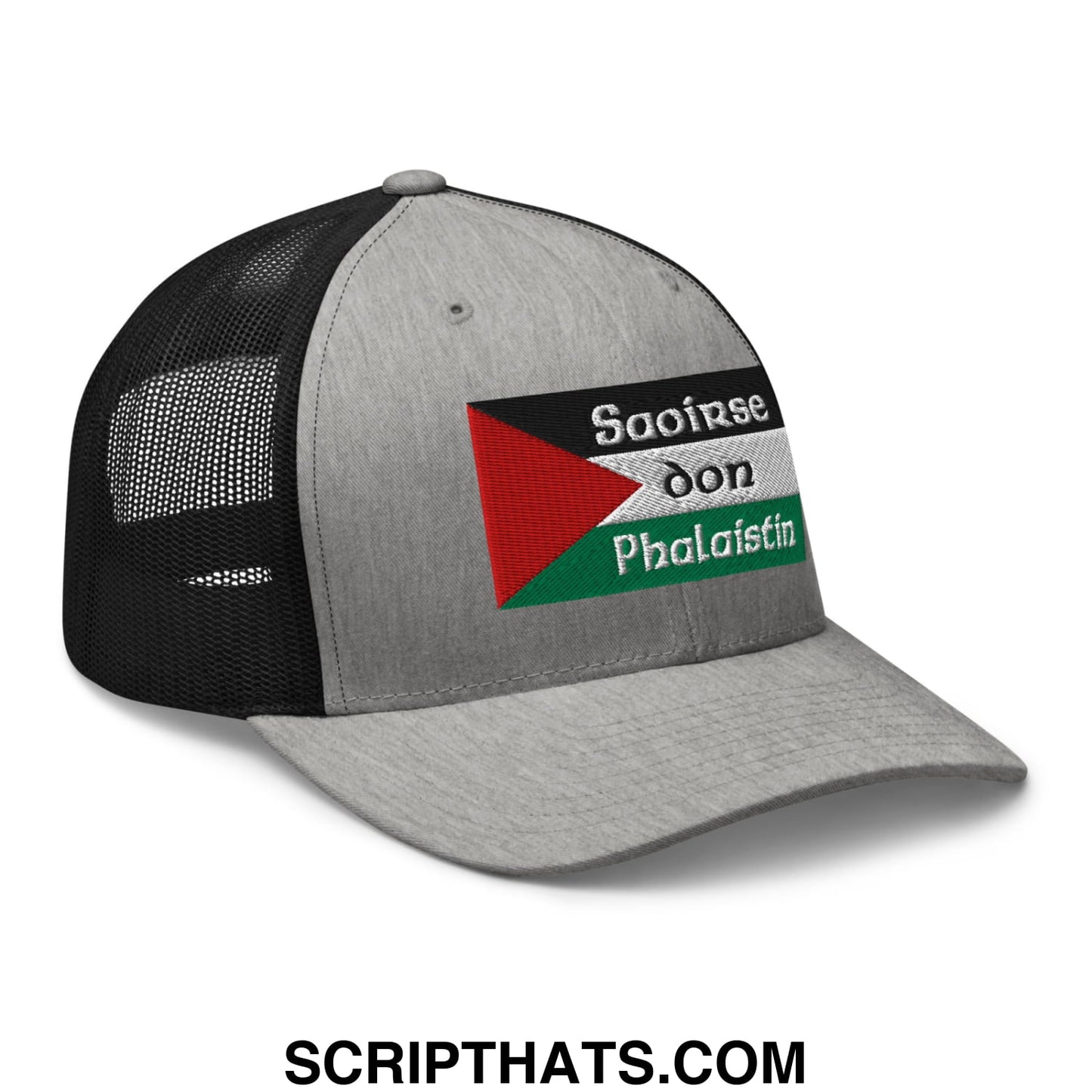 Gray and black mesh trucker hat with embroidered palestinian flag and saoirse don phalaistin text in white green red