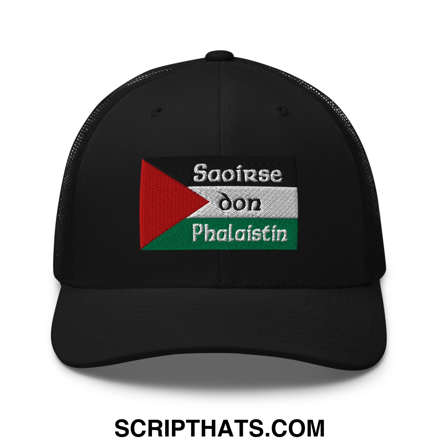 Black mesh trucker hat with embroidered palestinian flag patch and irish gaelic text for saoirse don phalaistin