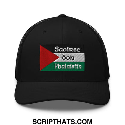 Black mesh trucker hat with embroidered palestinian flag patch and irish gaelic text for saoirse don phalaistin