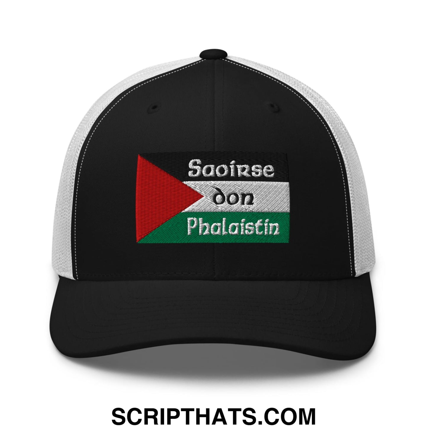 Black and white mesh trucker hat with palestinian flag embroidered patch and saoirse don phalaistin text