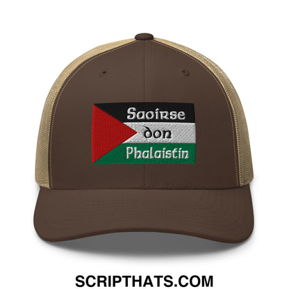Brown saoirse don phalaistin trucker hat featuring beige mesh back and embroidered palestinian flag patch