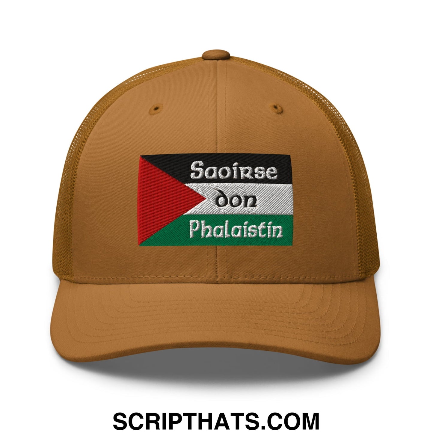 Tan mesh trucker hat with embroidered palestinian flag patch and irish gaelic text saoirse don phalaistin