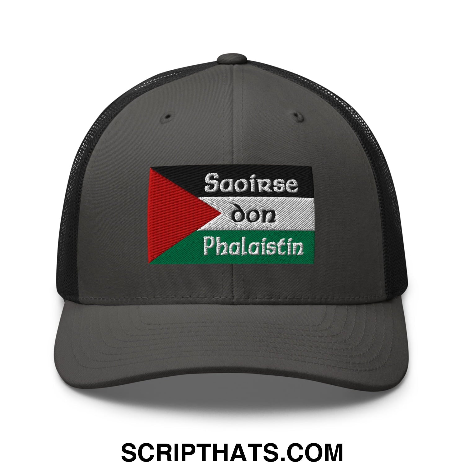 Dark gray mesh trucker hat featuring an embroidered palestinian flag patch and white text titled Saoirse don Phalaistin