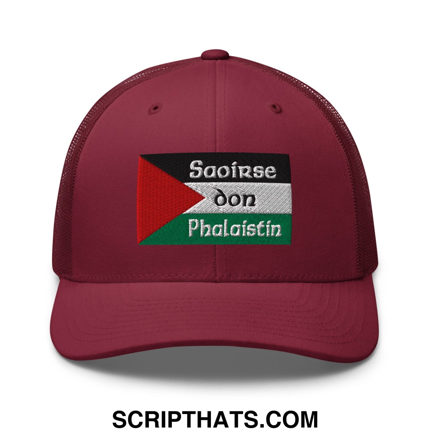 Maroon mesh trucker hat with an embroidered palestinian flag patch and irish gaelic text titled saoirse don phalaistin