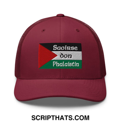 Maroon mesh trucker hat with an embroidered palestinian flag patch and irish gaelic text titled saoirse don phalaistin