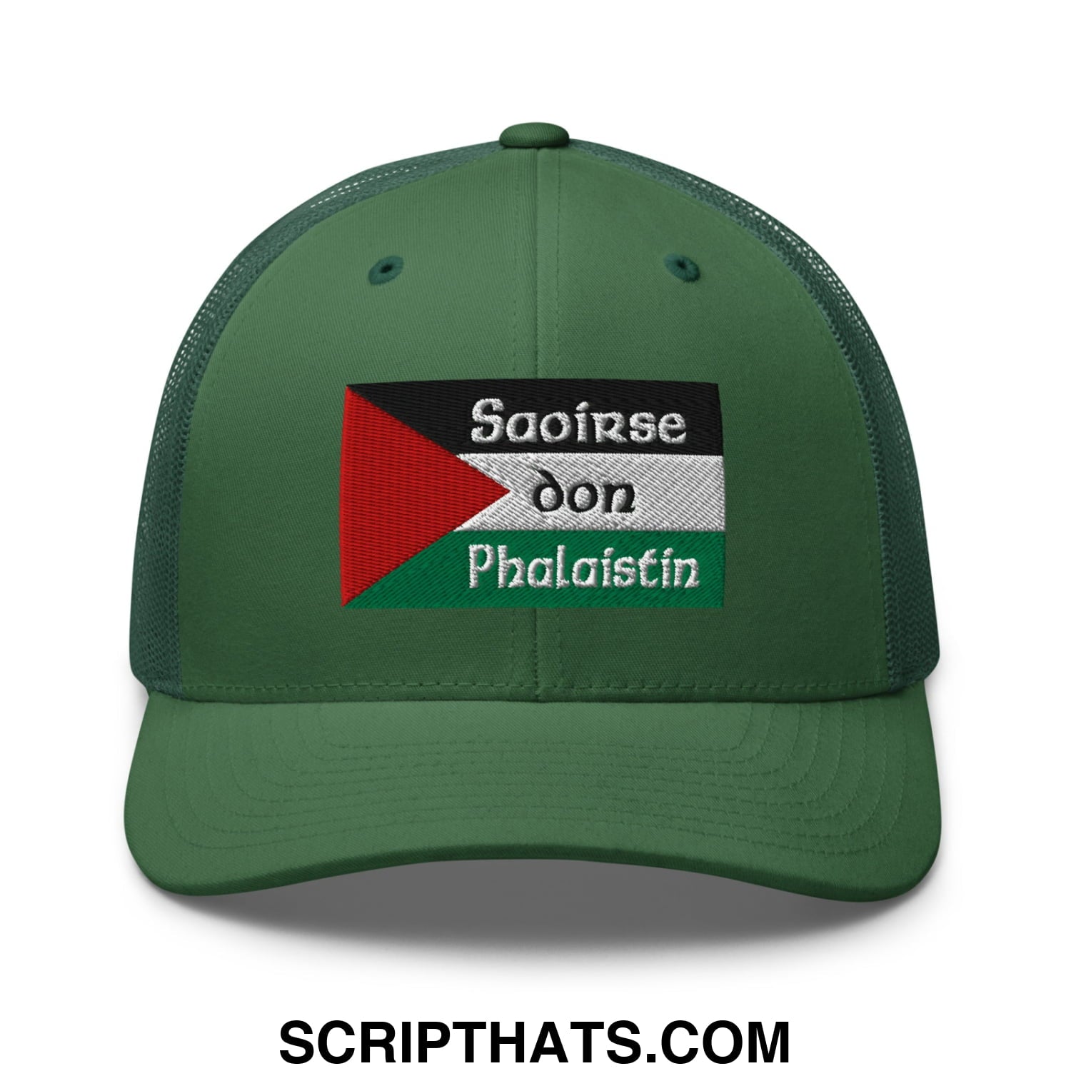 Green mesh trucker hat with embroidered palestinian flag patch and irish gaelic text titled Saoirse don Phalaistin
