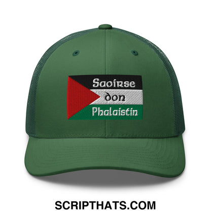 Green mesh trucker hat with embroidered palestinian flag patch and irish gaelic text titled Saoirse don Phalaistin
