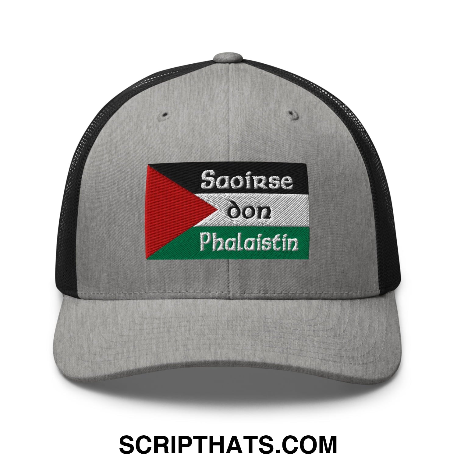 Gray embroidered mesh trucker hat with black back and palestinian flag patch featuring saoirse don phalaistin text