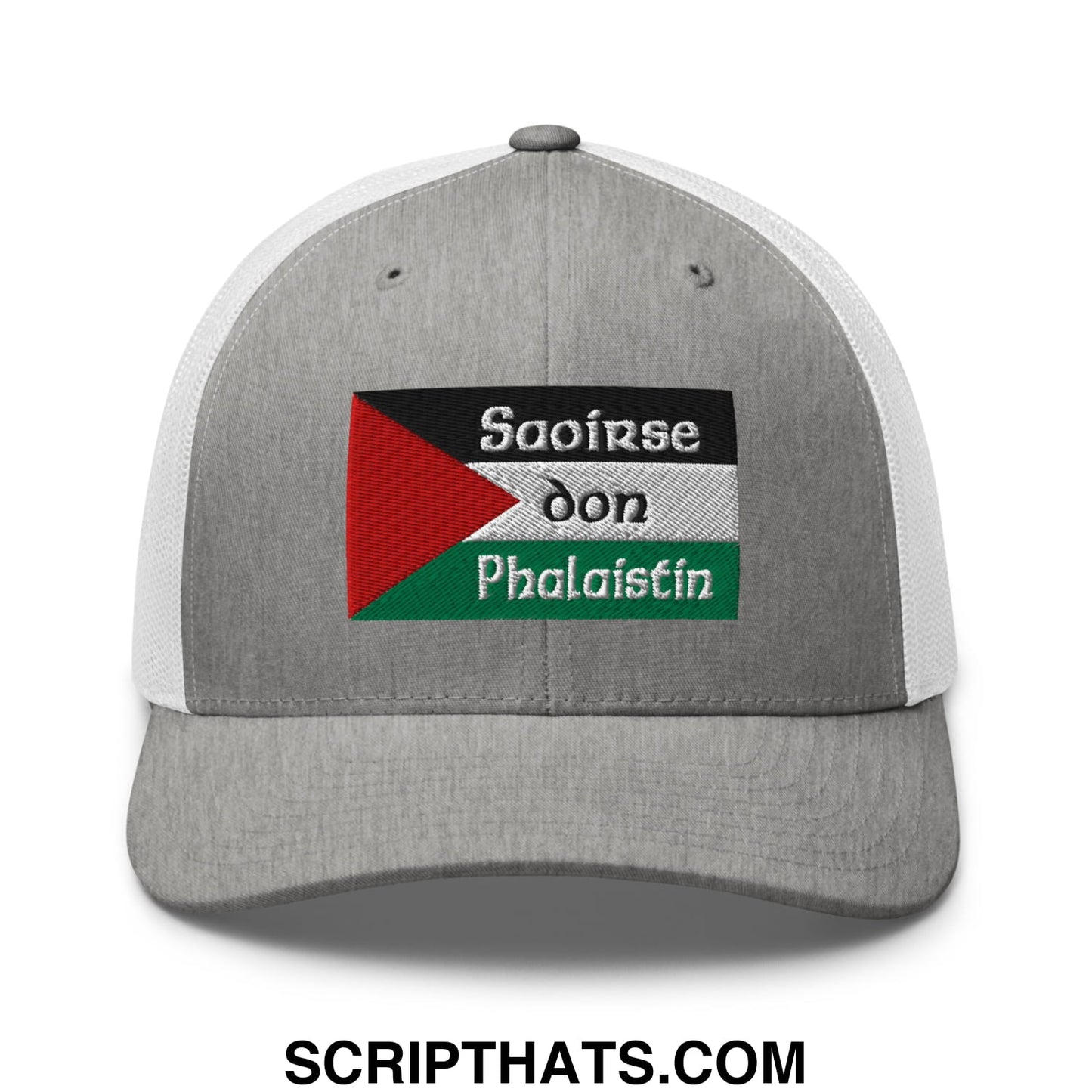 Gray mesh trucker hat with palestinian flag embroidered patch and saoirse don phalaistin stitching on front