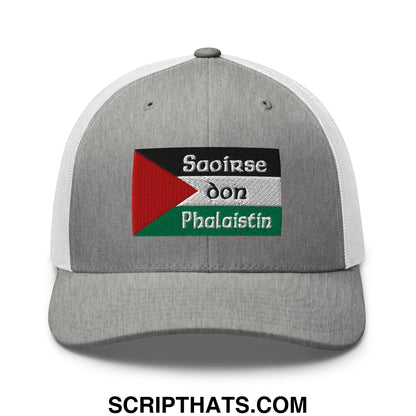 Gray mesh trucker hat with palestinian flag embroidered patch and saoirse don phalaistin stitching on front