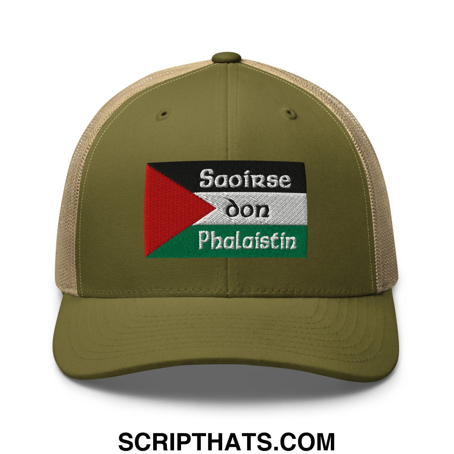 Olive green trucker hat with beige mesh back and embroidered palestinian flag patch titled saoirse don phalaistin