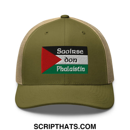 Olive green trucker hat with beige mesh back and embroidered palestinian flag patch titled saoirse don phalaistin