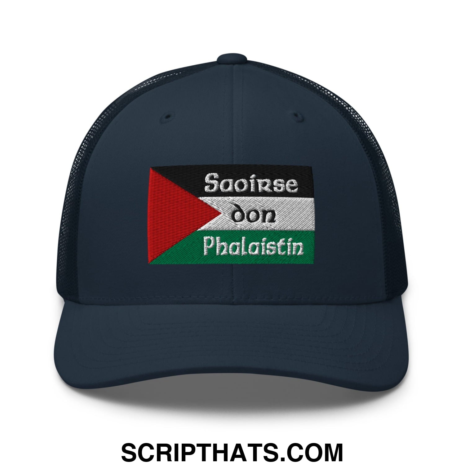 Dark navy mesh trucker hat with embroidered palestinian flag patch and irish gaelic text for casual wear