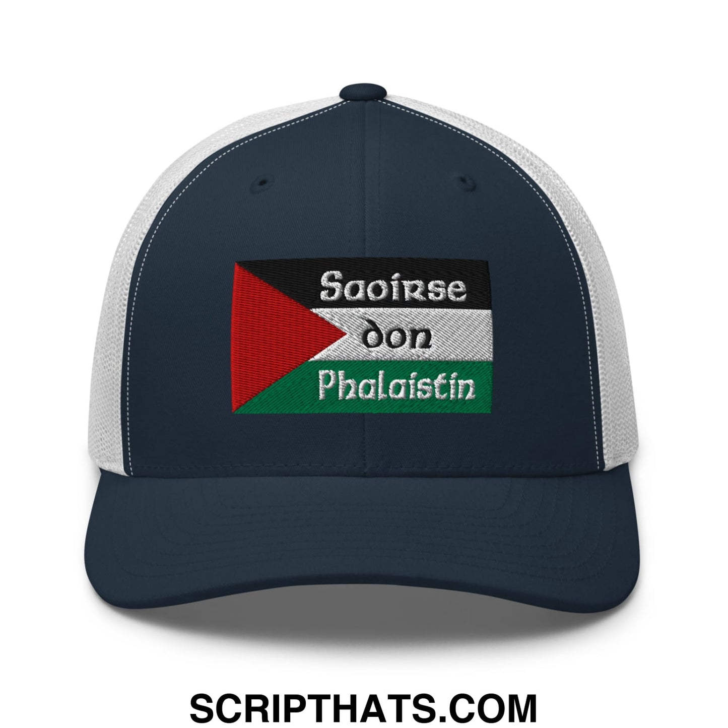 Dark navy trucker hat with white mesh back and palestinian flag embroidered patch in saoirse don phalaistin style
