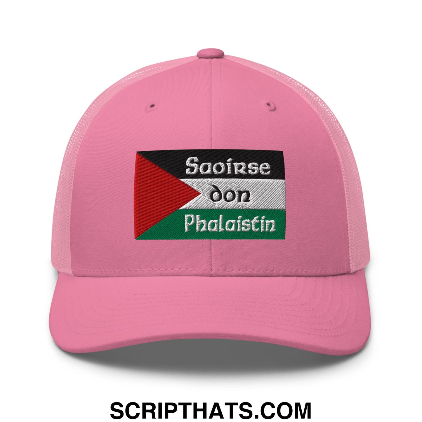 Pink mesh trucker hat with embroidered palestinian flag patch and irish gaelic text saoirse don phalaistin